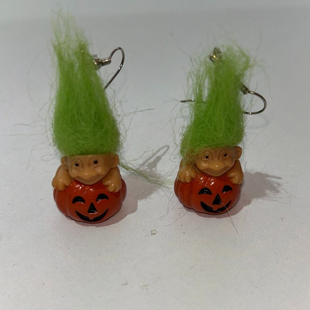 Vintage 80s Russ Halloween Troll Earrings with Green Hair